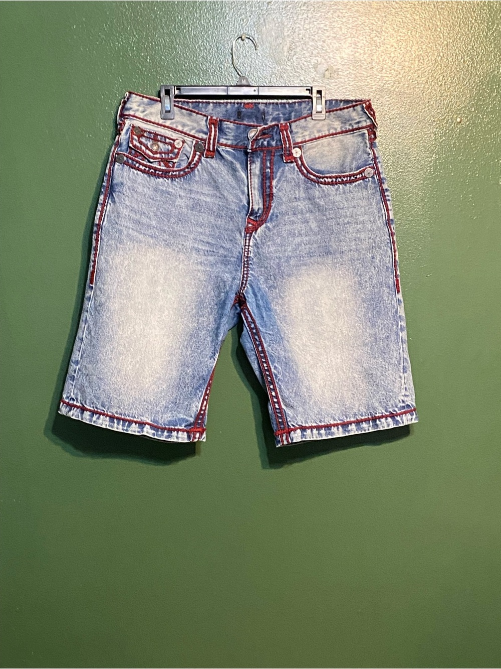 True Religion Light Wash Denim Shorts with Red Trim